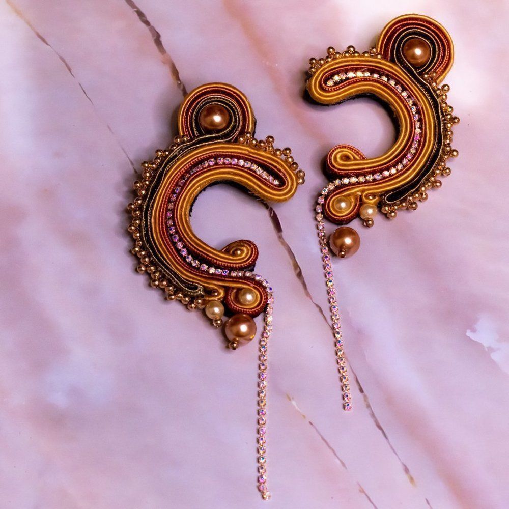 Soutache earrings gold handmade brown